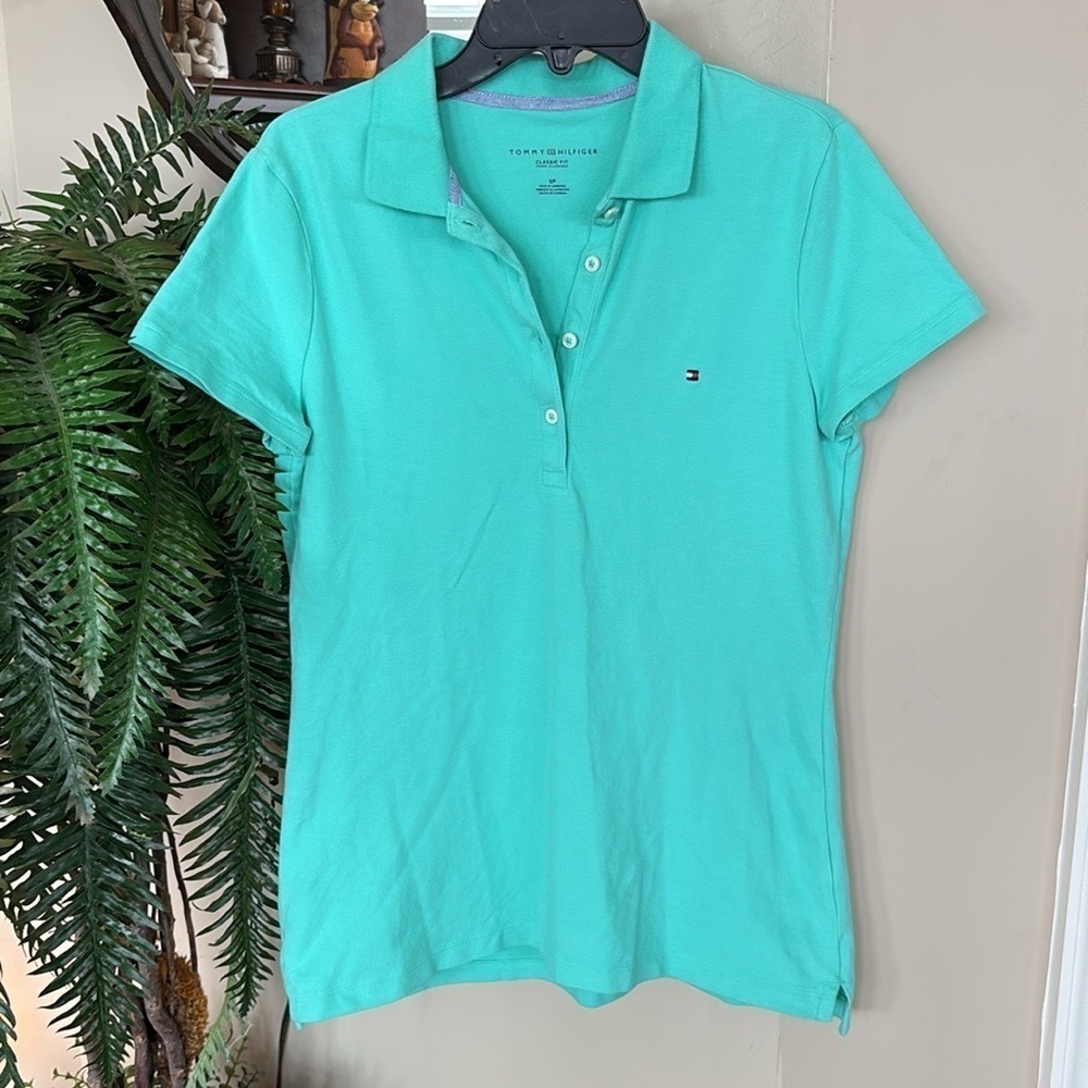 NWOT Tommy Hilfiger Turquoise Polo Shirt Short Sleeve Classic Fit Preppy Y2K